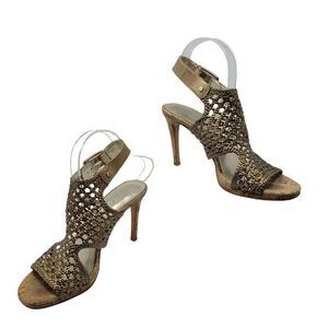 Donald J Pliner Sania Leather Stiletto Slingback Sandal 8 Metallic Gold Weaved